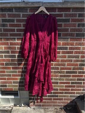 Lulu’s Burgundy Floral Surplice Floral Embroidered Balloon Sleeve Ruffle Dress